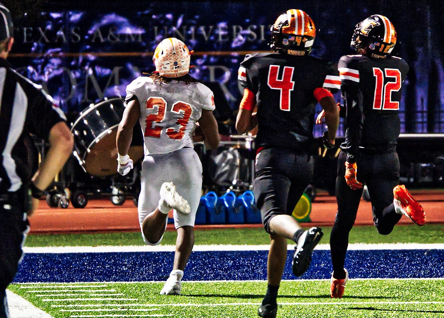 The Commerce defense got a few looks at the back of Trevion Sneed’s number 23 jersey Friday night, including this 68-yard touchdown run in Mineola’s 49-34 victory.
[see more action and buy prints]